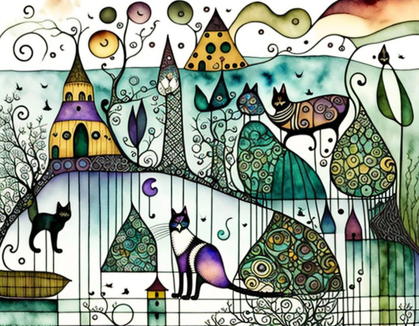 Colorful whimsical cat artwork with patterned hills, trees, and castle under a unique sky.