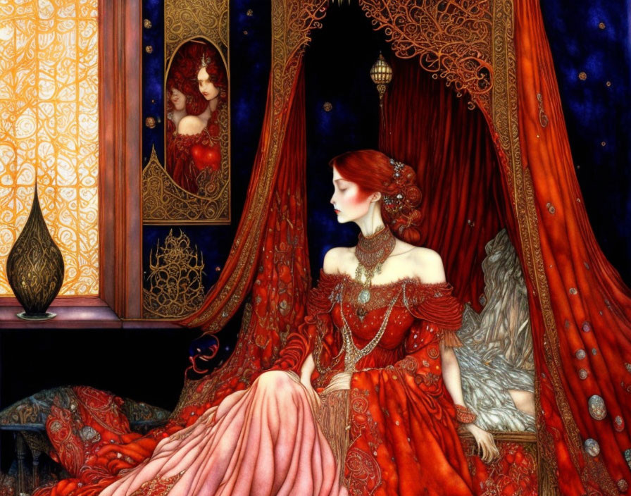 Red-haired woman in ornate dress under canopy with lantern and window, exuding luxury and serenity