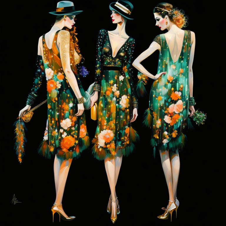 Three women in vintage floral dresses and accessories in art deco style