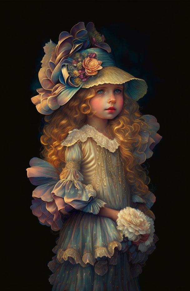 Digital artwork of young girl with angelic wings in vintage dress and flower hat on dark background