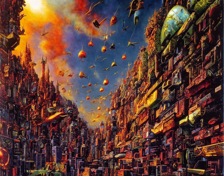 Futuristic cityscape at sunset with high-rise buildings and flying vehicles