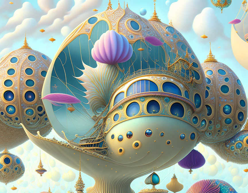 Fantastical airship with egg-shaped balloons in surreal setting