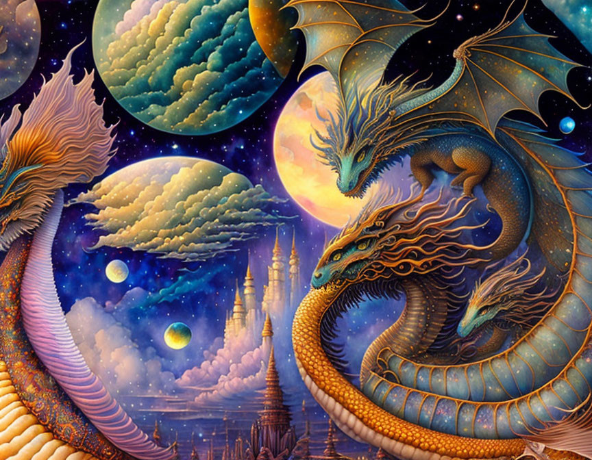 Fantasy artwork: Two dragons, celestial backdrop, whimsical clouds, castle