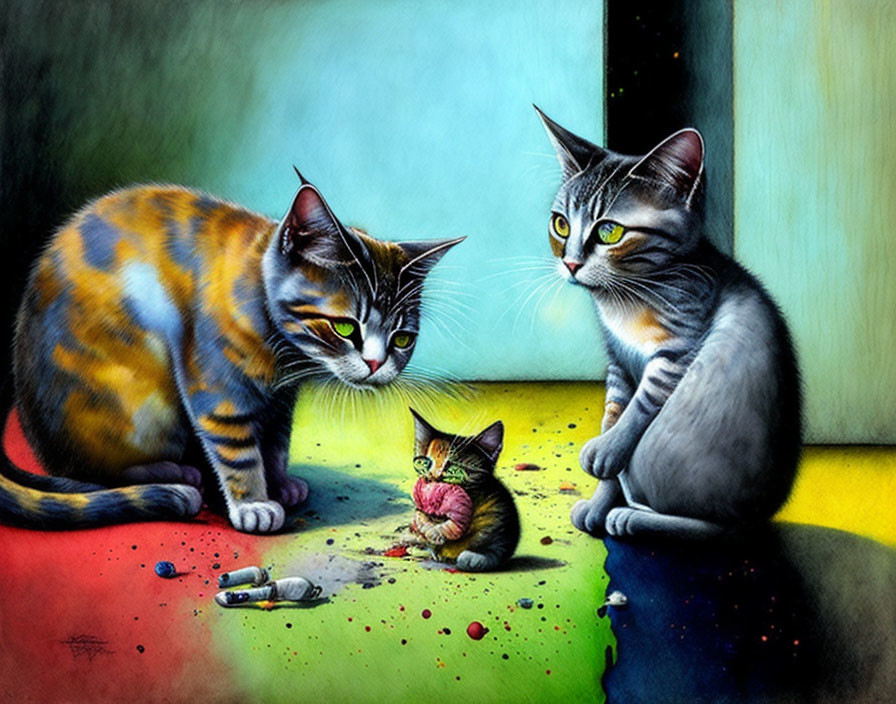 Three Cartoon Cats Painting Together with Expressive Eyes