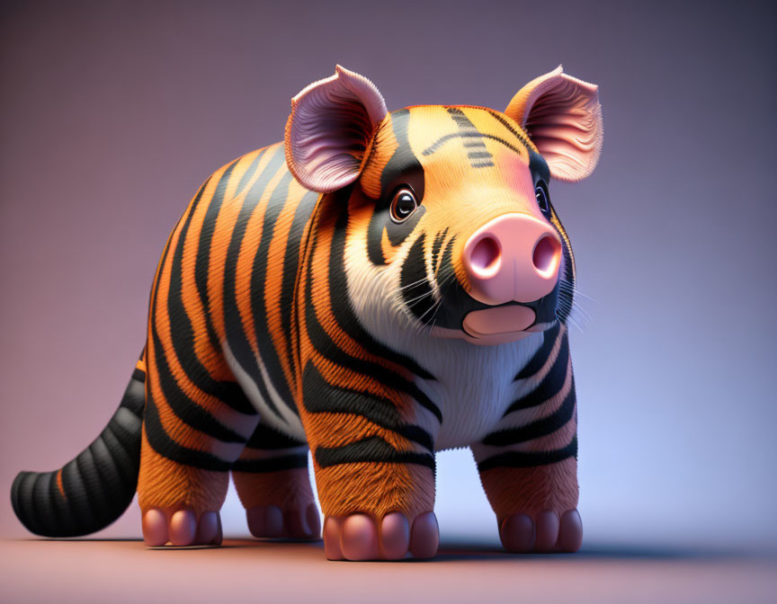 Unique 3D animal illustration with pig body and tiger stripes on purple gradient.