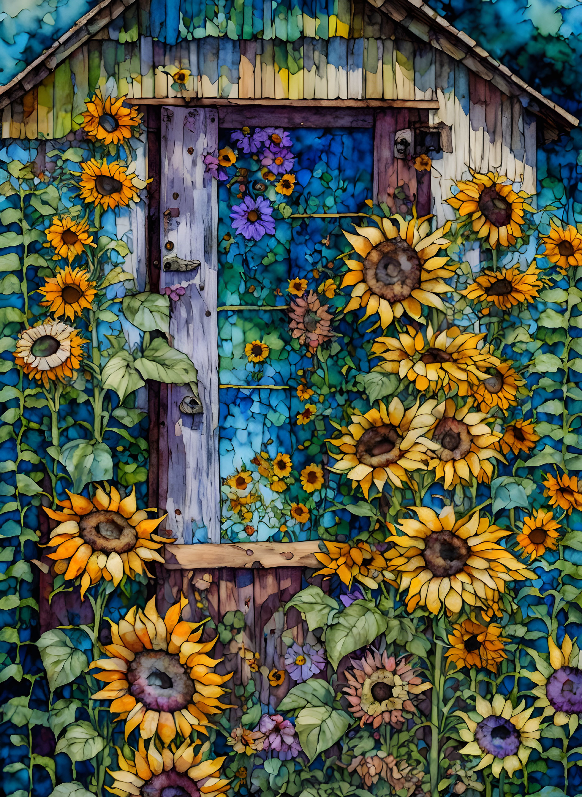 Colorful Stained Glass Artwork: Garden Shed & Sunflowers