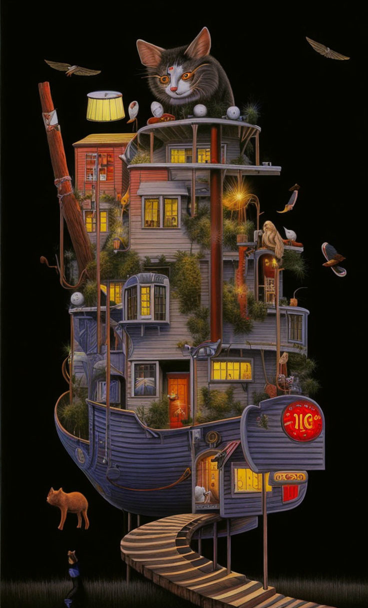 Whimsical painting of ship-turned-building with giant cat, birds, and dog