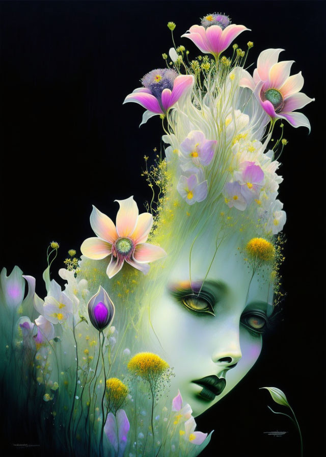 Surreal artwork: Woman's face merges with pink & white flower bouquet