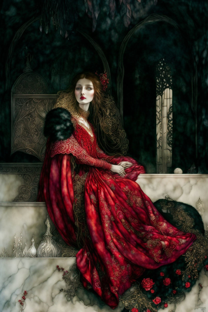 Woman in red dress on stone throne in dark forest setting