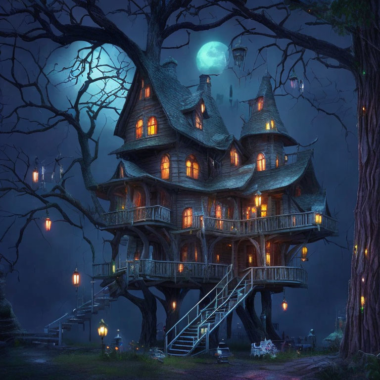 Spooky multi-story treehouse under full moon in dark forest