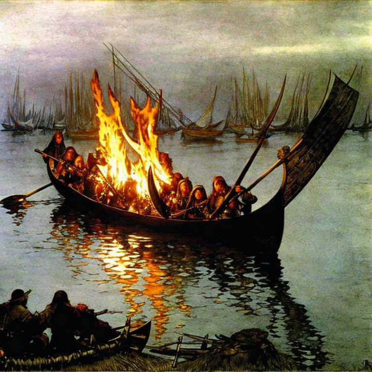 Viking ship funeral pyre ablaze at dusk with onlookers in boats.