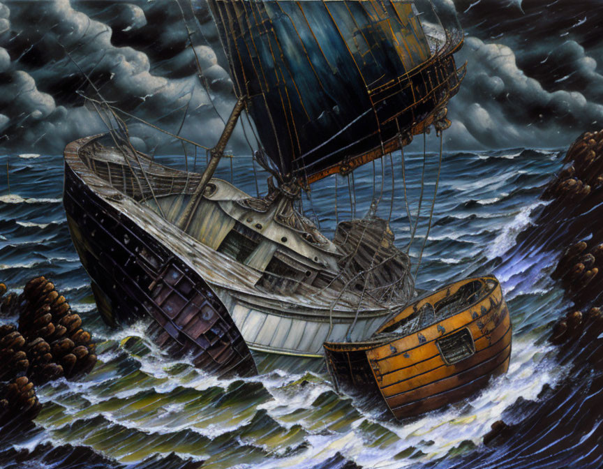 Stormy Sea Painting with Old Sailing Ship and Wooden Boat amid Chaotic Waves