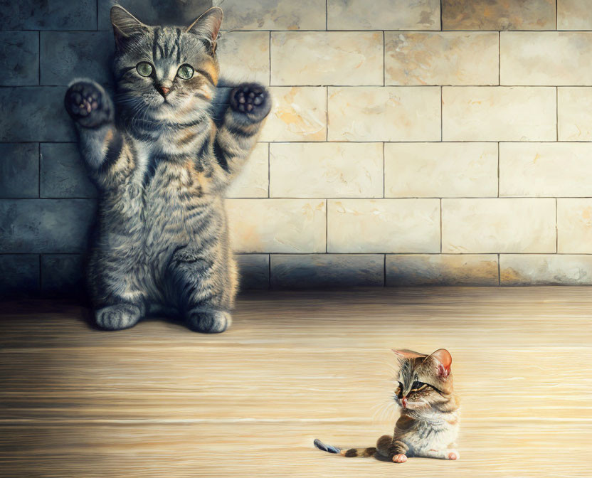 Striped kitten standing on hind legs next to tiny kitten grooming paw