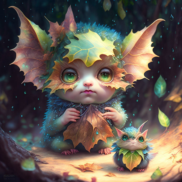 Whimsical fantasy creatures in dreamy forest scenery