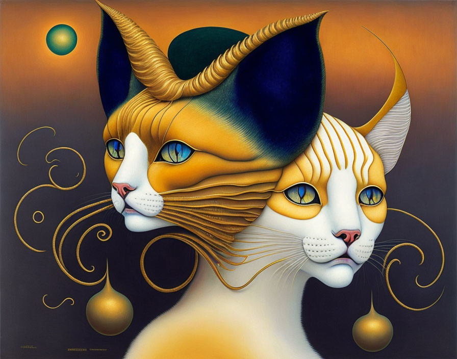 Surreal painting featuring stylized cats with elongated necks and human-like eyes, adorned with