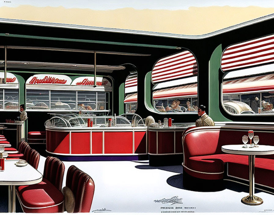 Classic Retro Diner Interior with Red Seating and Formica Counters