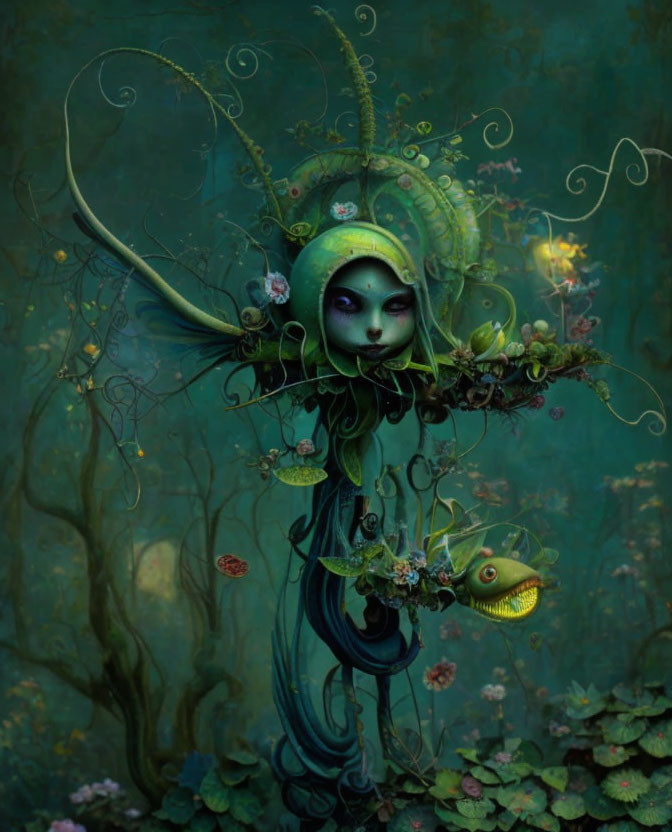 Green mystical creature with elaborate headgear in enchanted forest