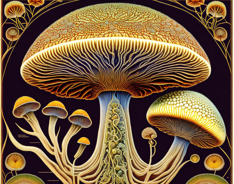 Detailed Stylized Mushroom Illustration in Rich Golden Hues