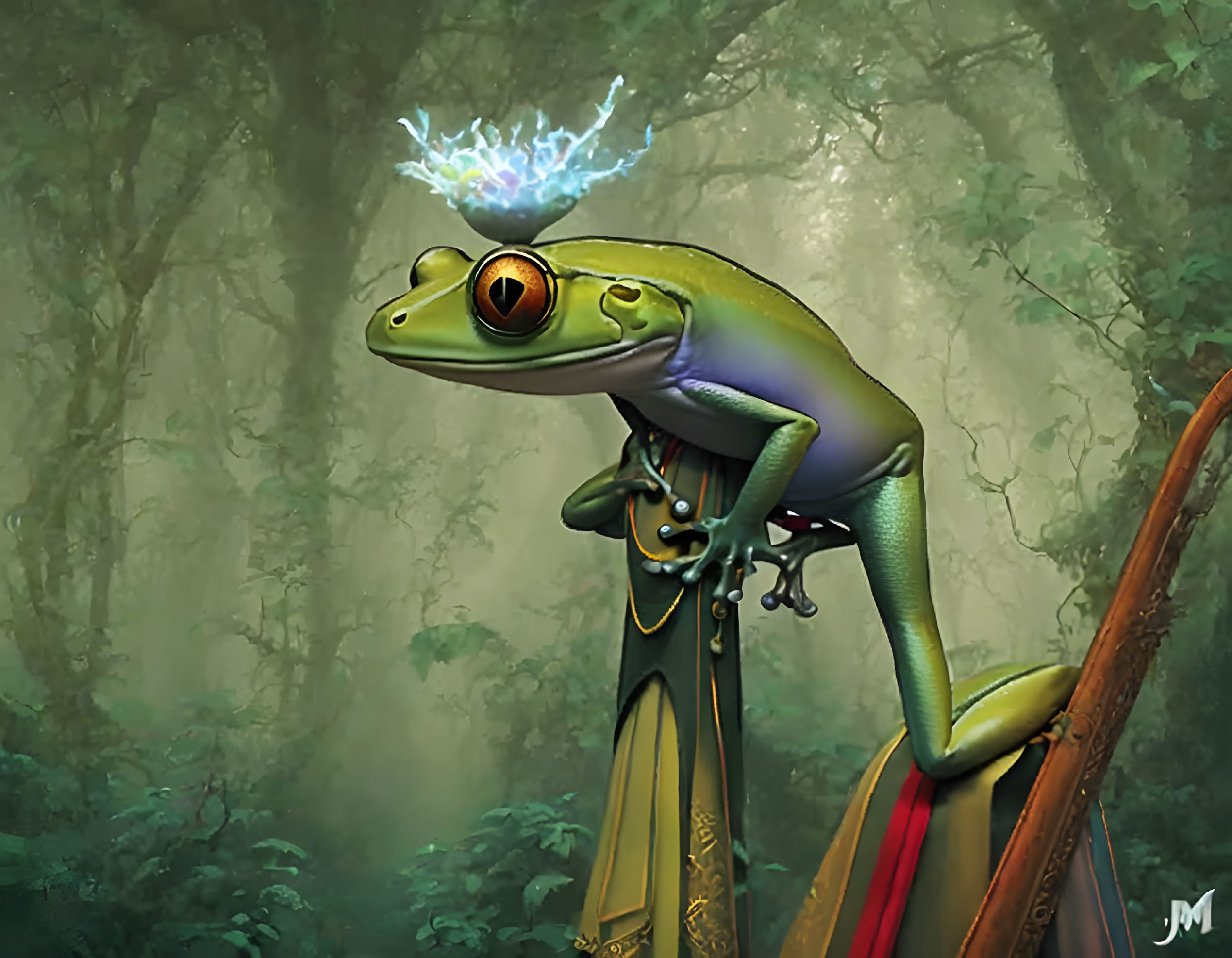 Regal green frog with orange eyes in mystical forest scene