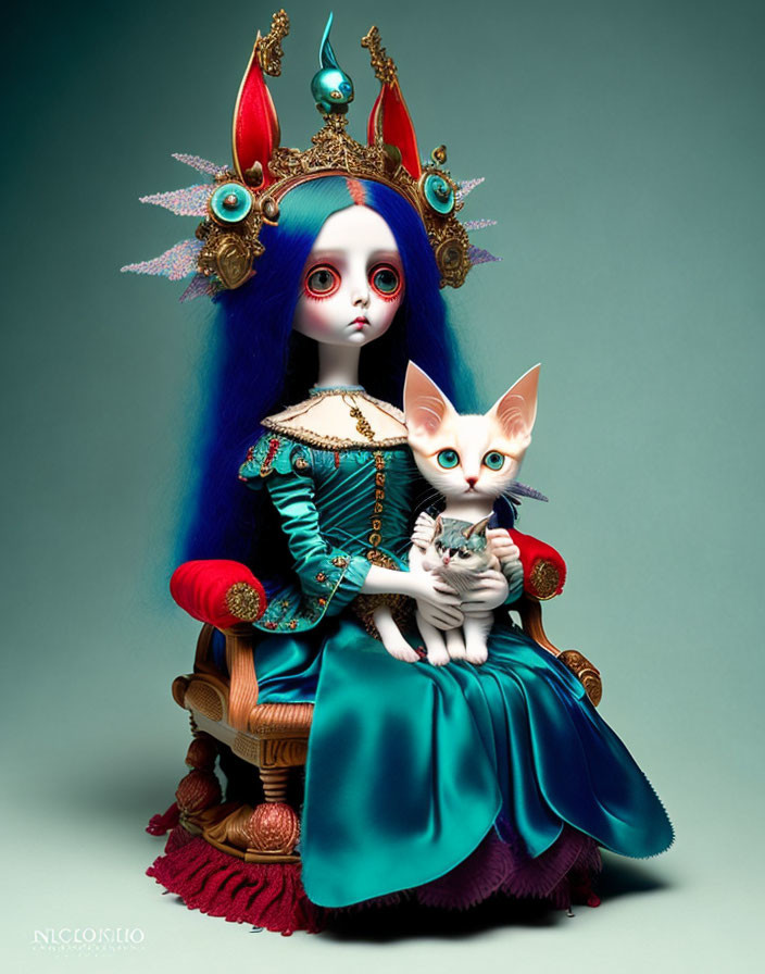 Blue-Haired Doll Figure with Kitten on Teal Background