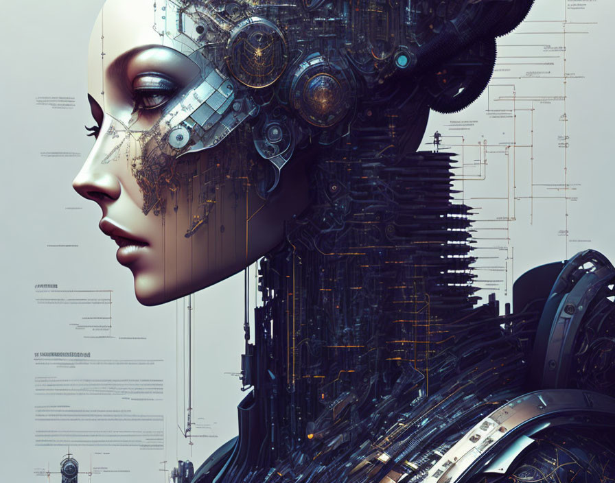 Female Android Digital Artwork with Intricate Mechanical Details