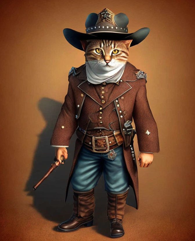 Cat dressed as a sheriff with human-like body on brown background