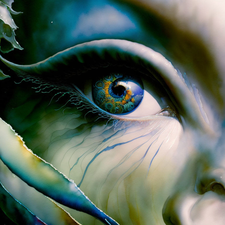 Detailed Close-Up: Blue Spiral Galaxy Eye in Green and Black with White Highlights