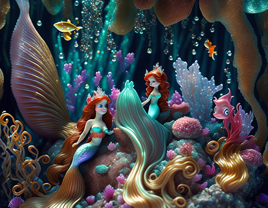 Mermaids with Crowns Among Colorful Coral Reefs and Fish