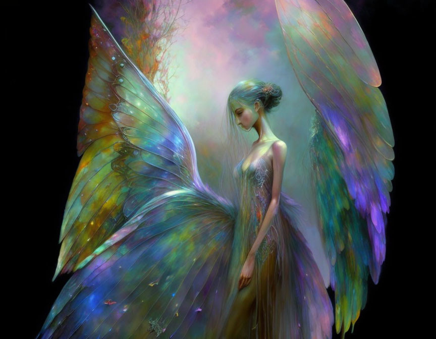 Mystical female figure with iridescent wings on dark background