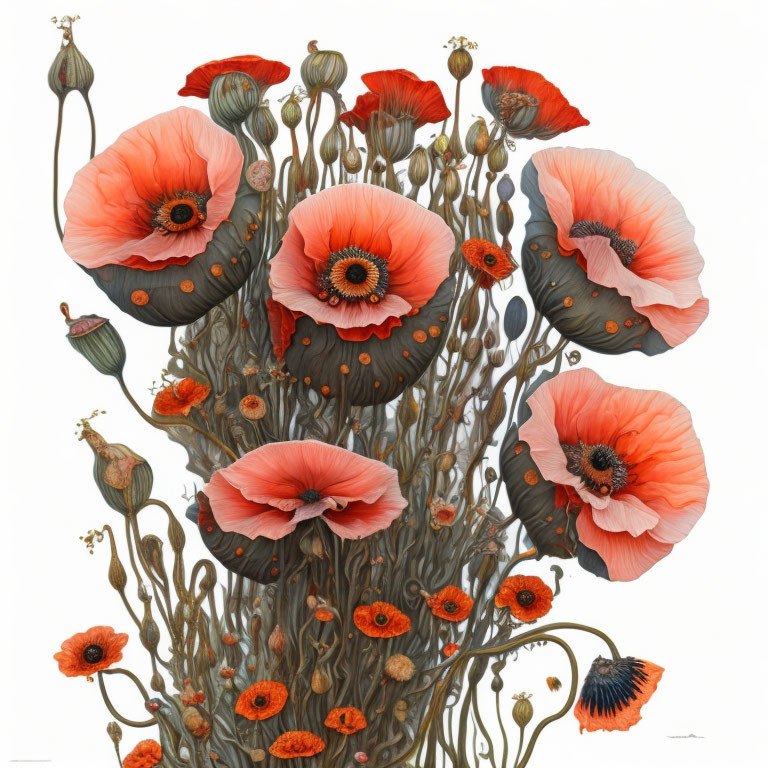 Detailed Illustration of Red Poppies and Buds on Green Stems