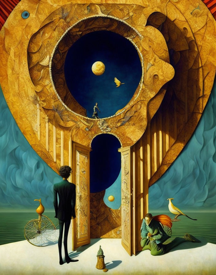 Surreal painting featuring person at cosmic door with moon and eclectic objects