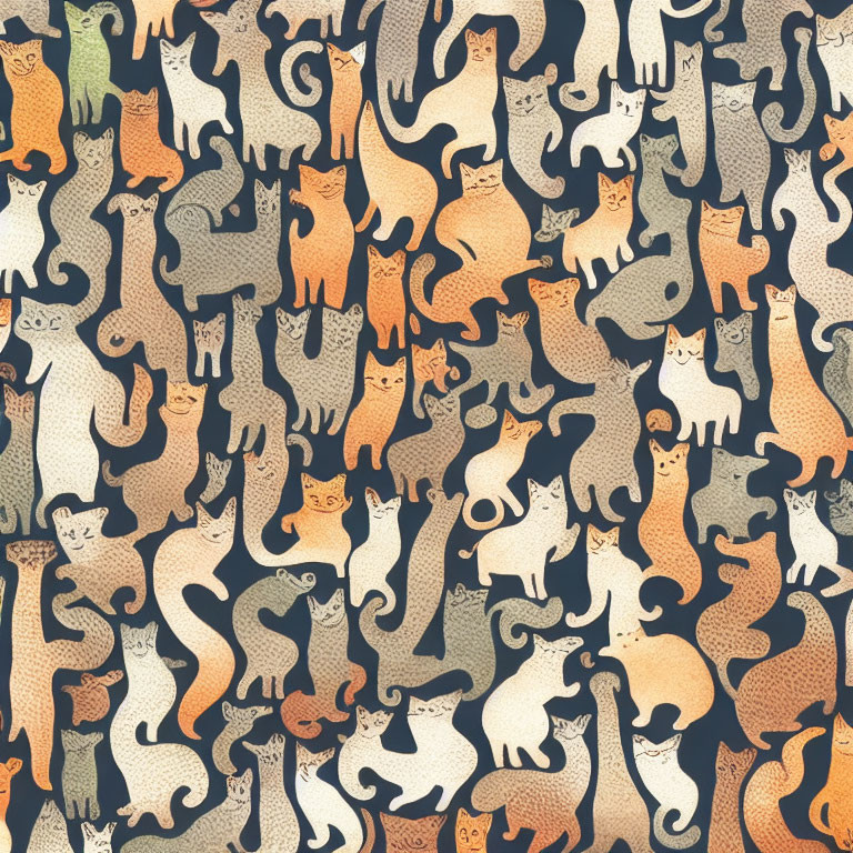 Stylized Cat Pattern in Shades of Orange, Cream, and Grey