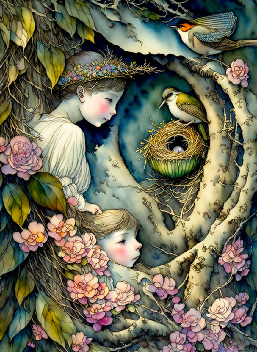 Ethereal children with robin in mystical nature scene