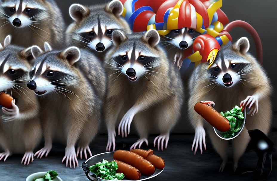 Animated raccoons enjoying hot dogs and salad in festive setting