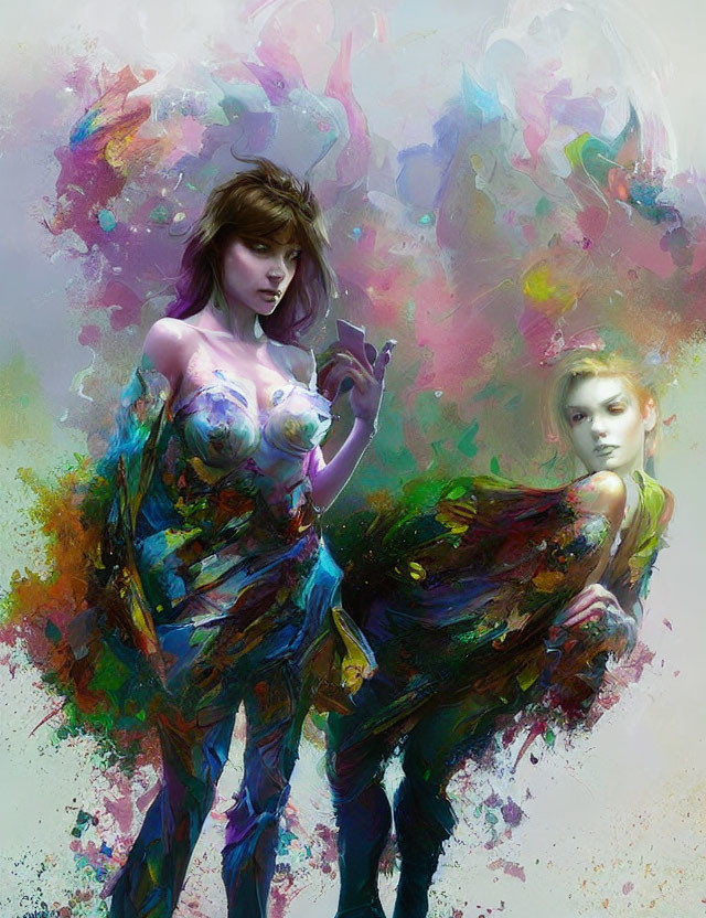 Ethereal female figures in vibrant multicolored swirls