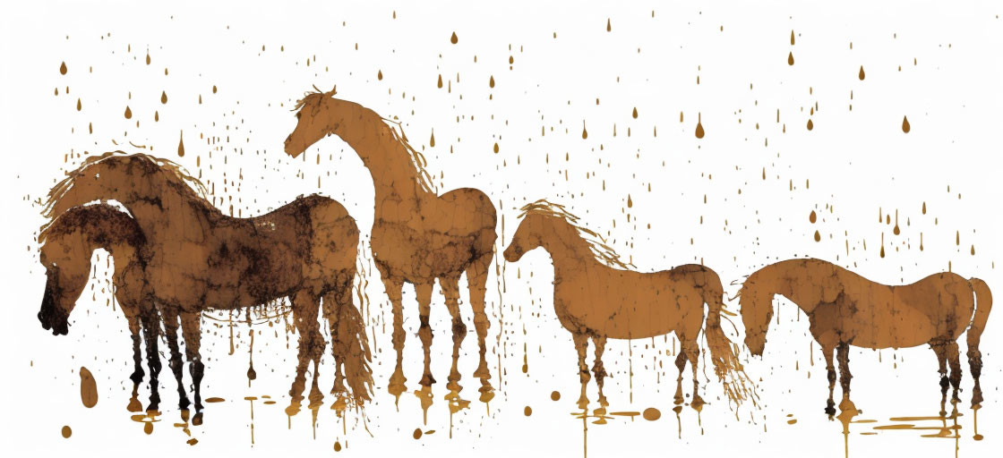 Four brown horse silhouettes in abstract art on white background