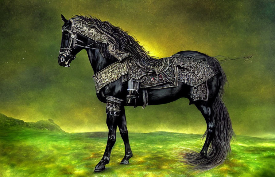 Black horse with detailed tack on greenish-yellow background.