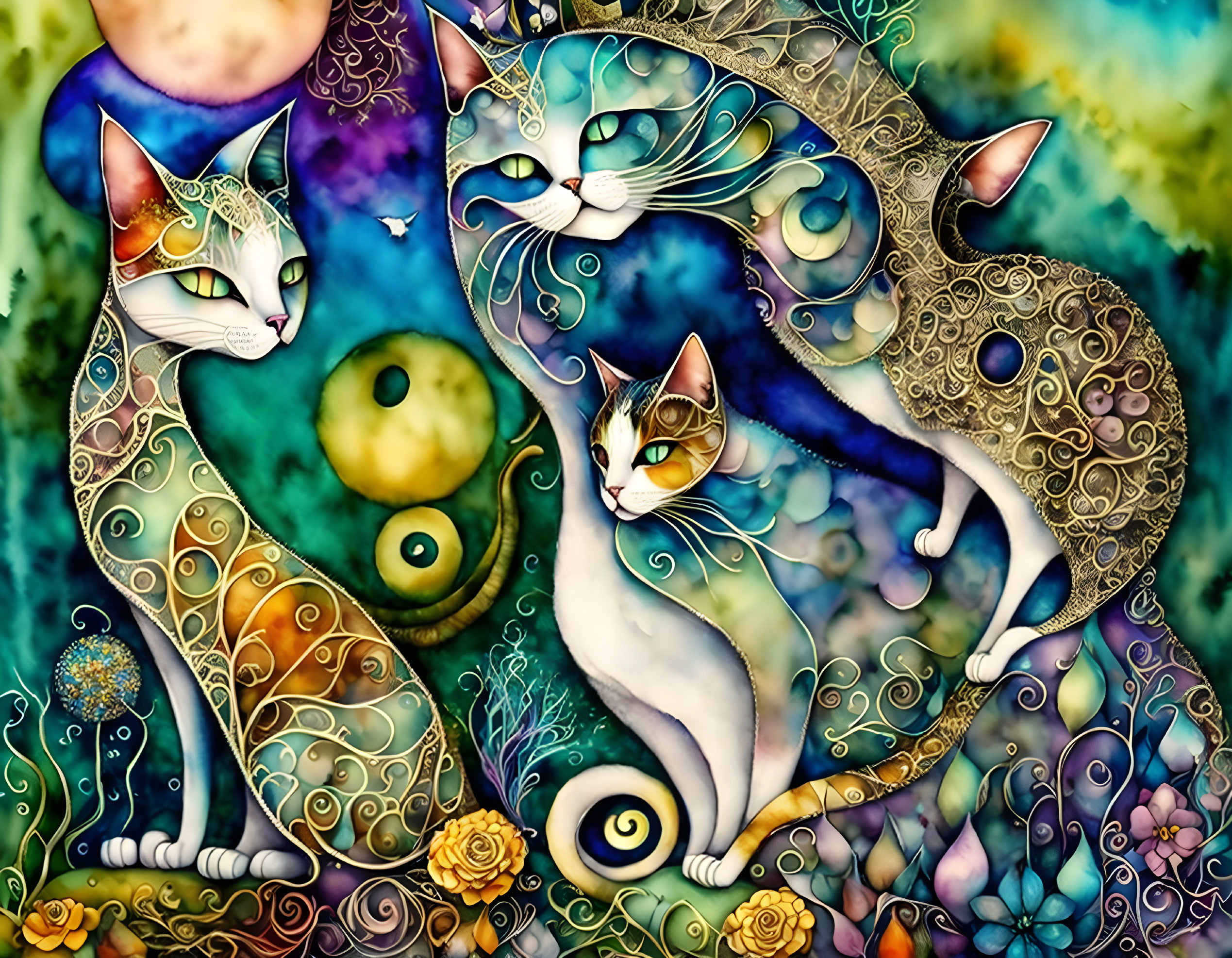 Vibrant illustration of three stylized cats in intricate patterns.