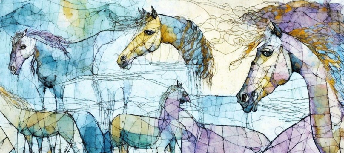 Colorful Watercolor Painting of Multiple Horses with Grid Overlay