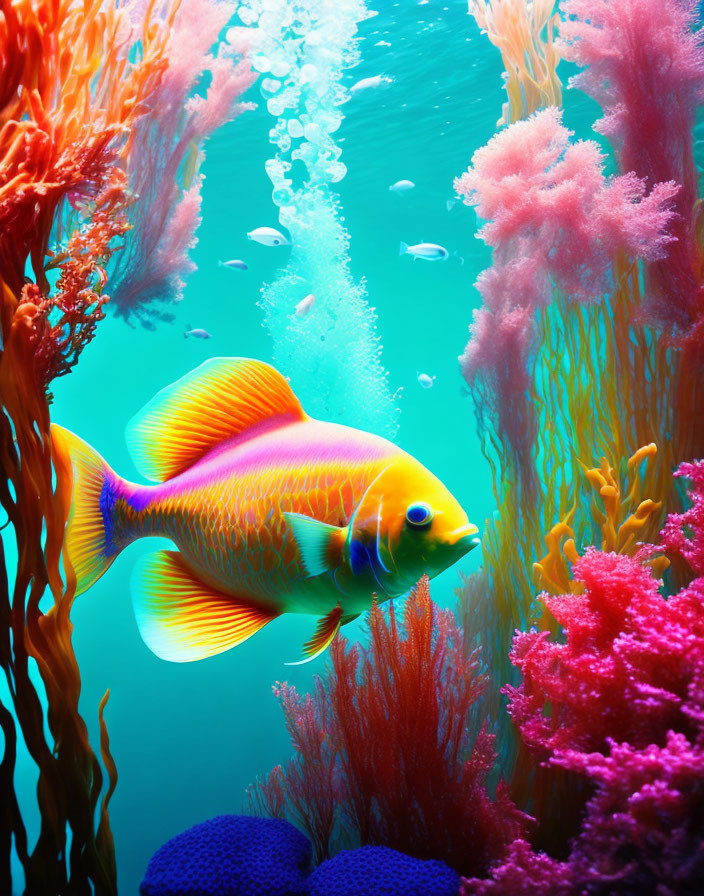 Colorful Tropical Fish Among Vibrant Corals and Bubbles