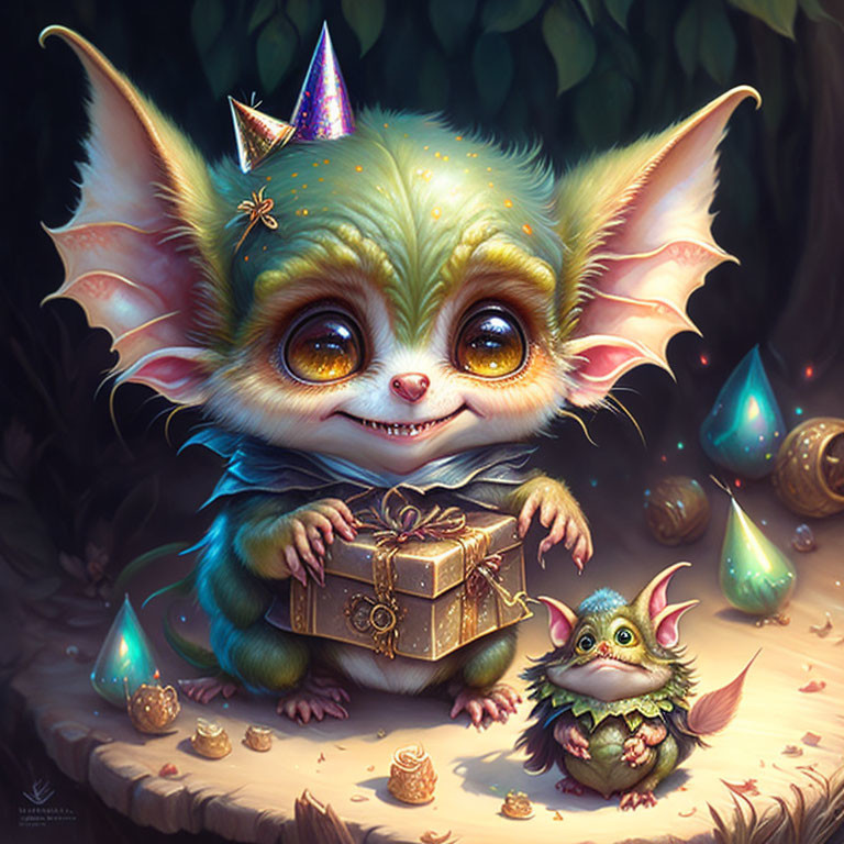 Illustration of fluffy creatures with gift in enchanted forest