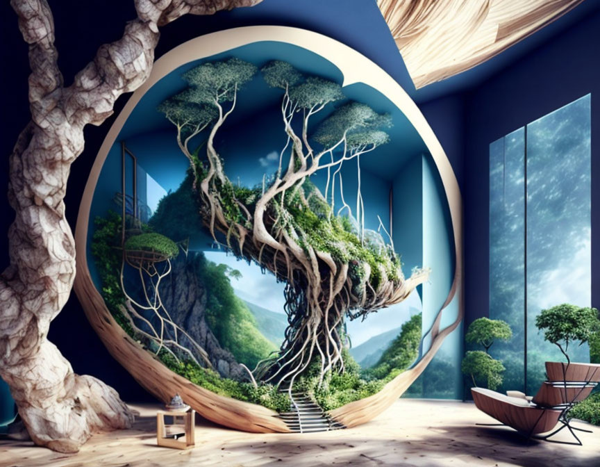 Surreal room with circular portal, floating island, chair, and forest view