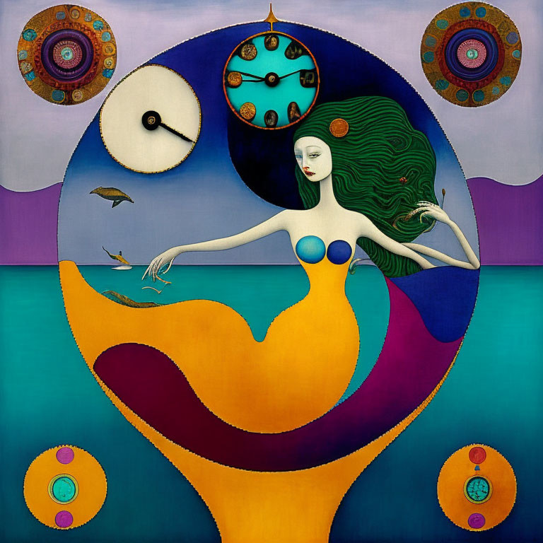 Abstract surreal artwork: woman with green hair in colorful landscape with clocks, birds, and circles