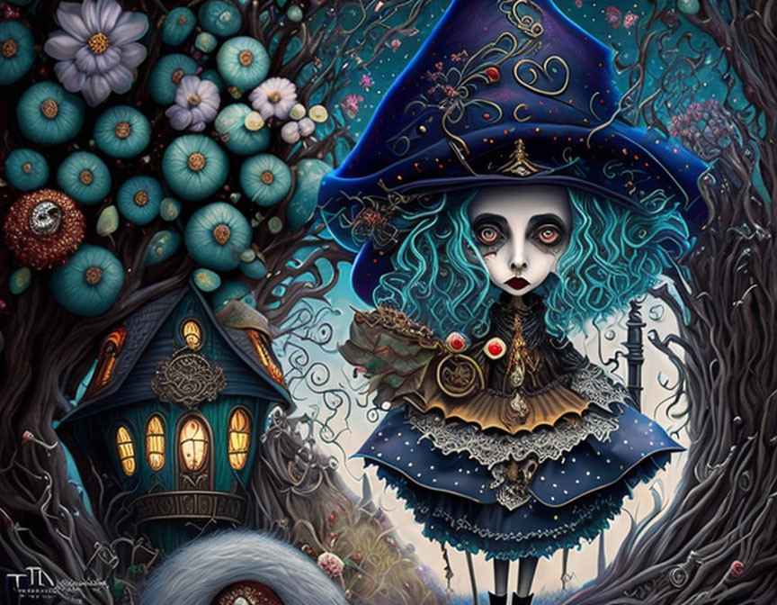 Gothic-Style Witch with Blue Hair in Starry Hat and Dark Dress