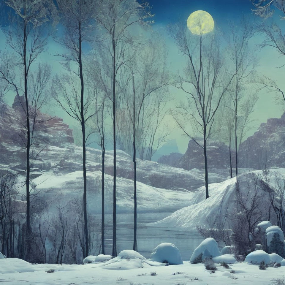 Winter Night: Moonlit Snowscape with Frozen Lake