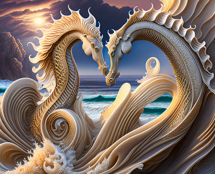 Golden Sea Dragon Artwork with Ocean Waves and Sunset Sky