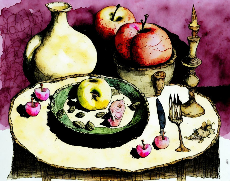 Still life watercolor painting of table with vase, apples, plate of fruit, candlestick, cut