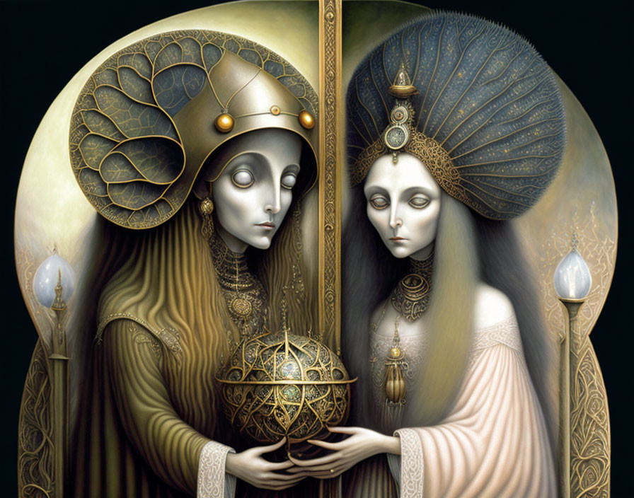 Ethereal female figures with ornate headdresses and celestial orb.