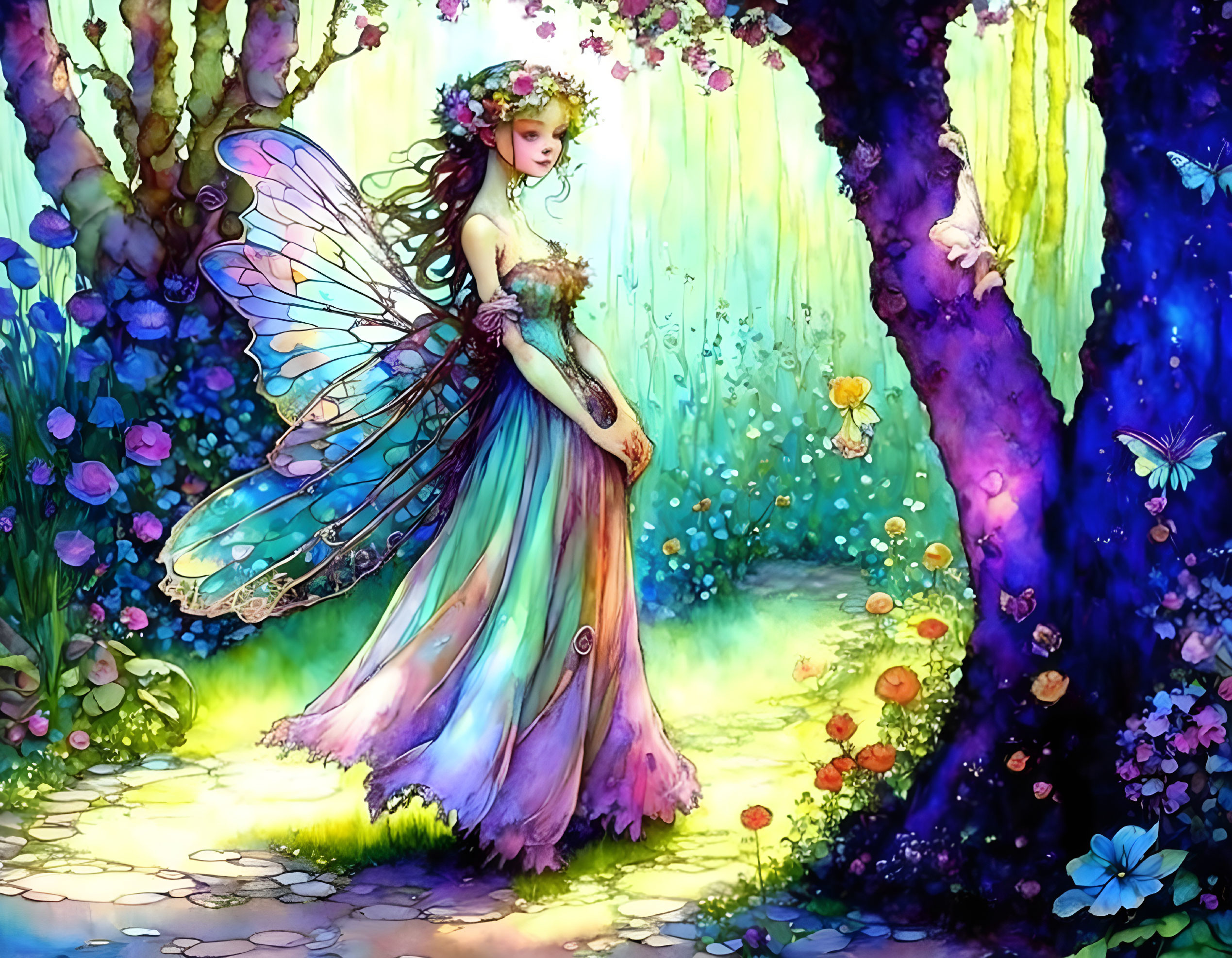 Vibrant fairy with translucent wings in enchanted forest