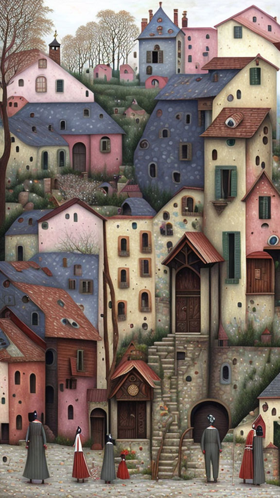 Colorful Fantasy Village Illustration with Whimsical Houses and Cloaked Figures